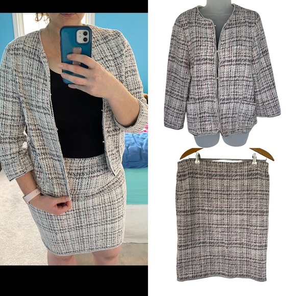 Max Studio Blazer Suit Skirt Set Plaid Career Office Business Professional Tweed - Picture 1 of 16